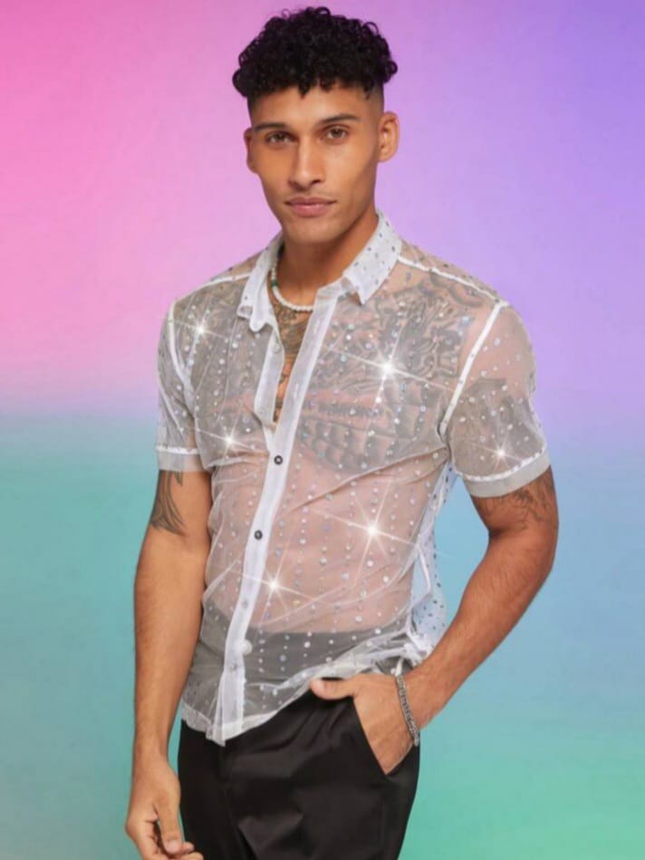 Streak Hawk Knitted With Rhinestone Design Slim Fit Short Sleeve Shirt